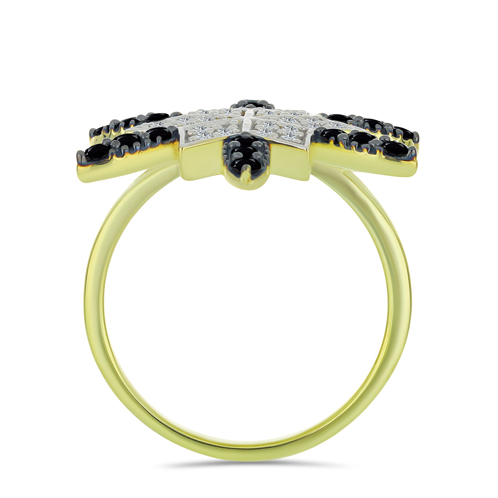 Pozlacené Stříbro 925/1000 - Prsten s Černým spinelem a Bílým Topazem - Karátové číslo: 1.19. přibližná hmotnost: 4.97 gramů