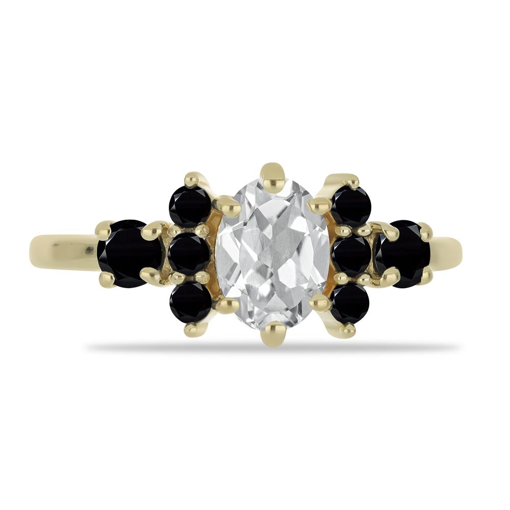 Pozlacené Stříbro 925/1000 - Prsten s Černým spinelem a Bílým Topazem - Karátové číslo: 1.42. přibližná hmotnost: 2.36 gramů