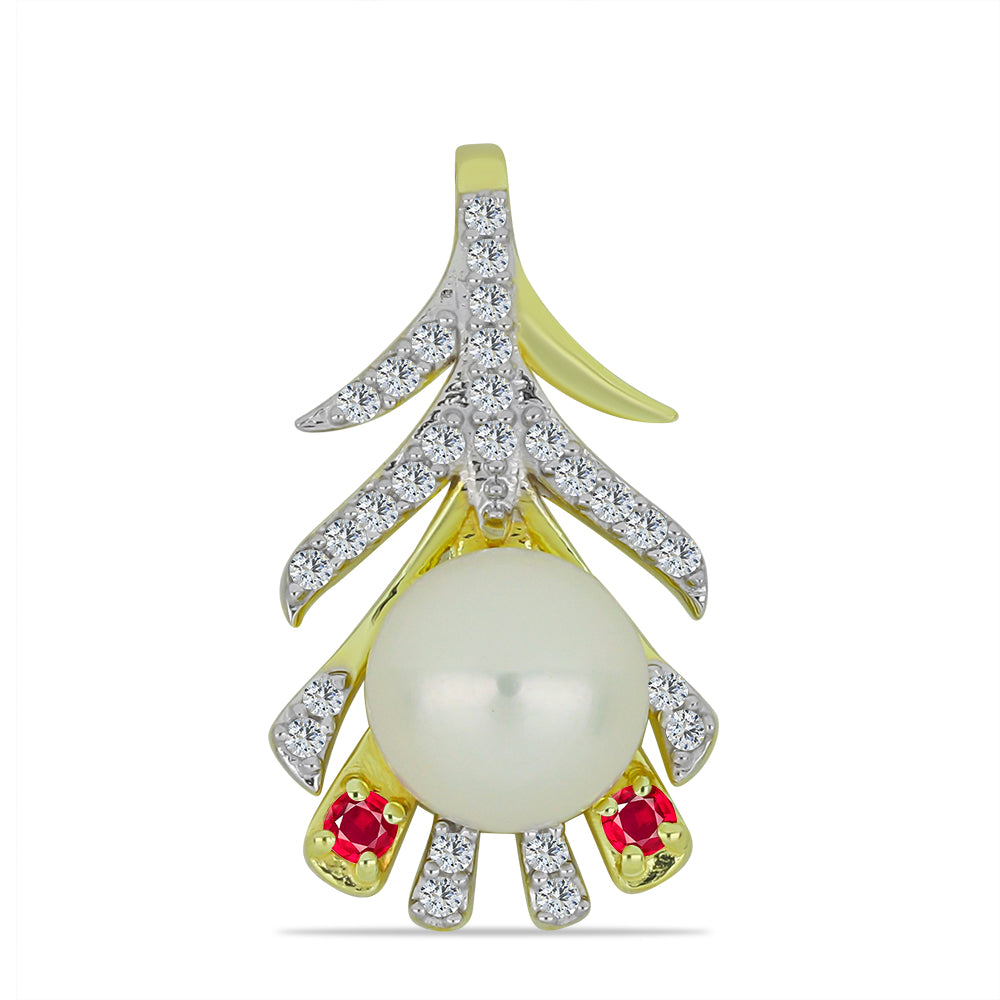 Pozlacené Stříbro 925/1000 - Přívěsek s Bílou Sladkovodní Perlou a Madagaskarským Rubínem - Karátové číslo: 3.12. přibližná hmotnost: 2.54 gramů