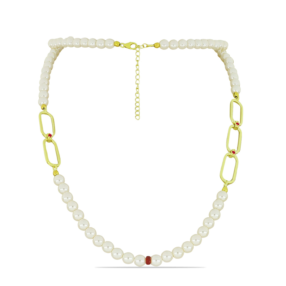 Pozlacené Stříbro 925/1000 - Sada s Bílou Sladkovodní Perlou a Madagaskarským Rubínem - Karátové číslo: 97.53. přibližná hmotnost: 35.55 gramů ( Náhrdelník+Náušnice+Náramek )