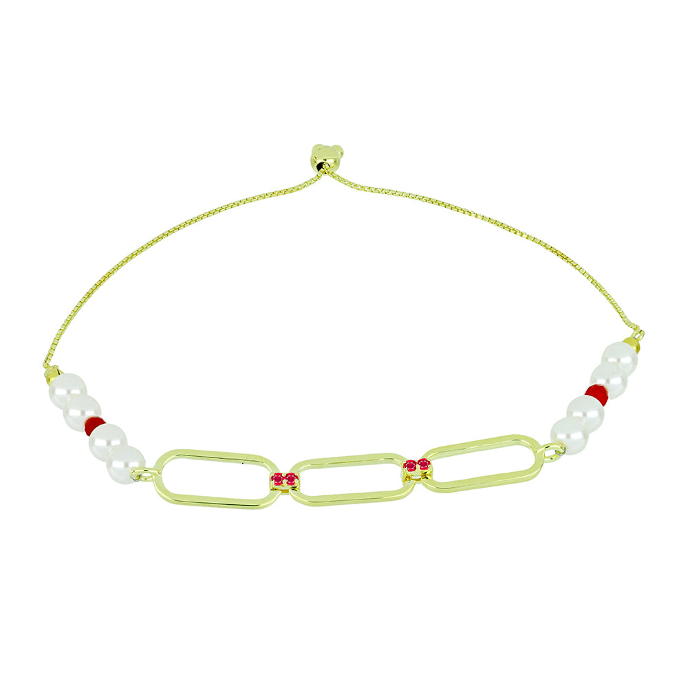 Pozlacené Stříbro 925/1000 - Sada s Bílou Sladkovodní Perlou a Madagaskarským Rubínem - Karátové číslo: 97.53. přibližná hmotnost: 35.55 gramů ( Náhrdelník+Náušnice+Náramek )