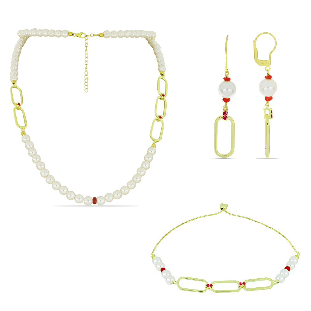 Pozlacené Stříbro 925/1000 - Sada s Bílou Sladkovodní Perlou a Madagaskarským Rubínem - Karátové číslo: 97.53. přibližná hmotnost: 35.55 gramů ( Náhrdelník+Náušnice+Náramek )