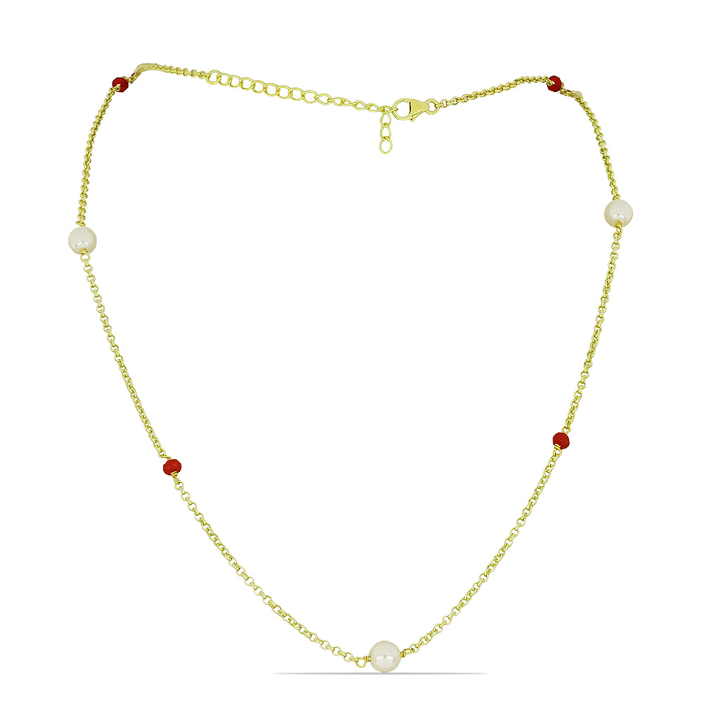 Pozlacené Stříbro 925/1000 - Náhrdelník s Bílou Sladkovodní Perlou a Madagaskarským Rubínem - Karátové číslo: 5.65. přibližná hmotnost: 4.84 gramů 1 