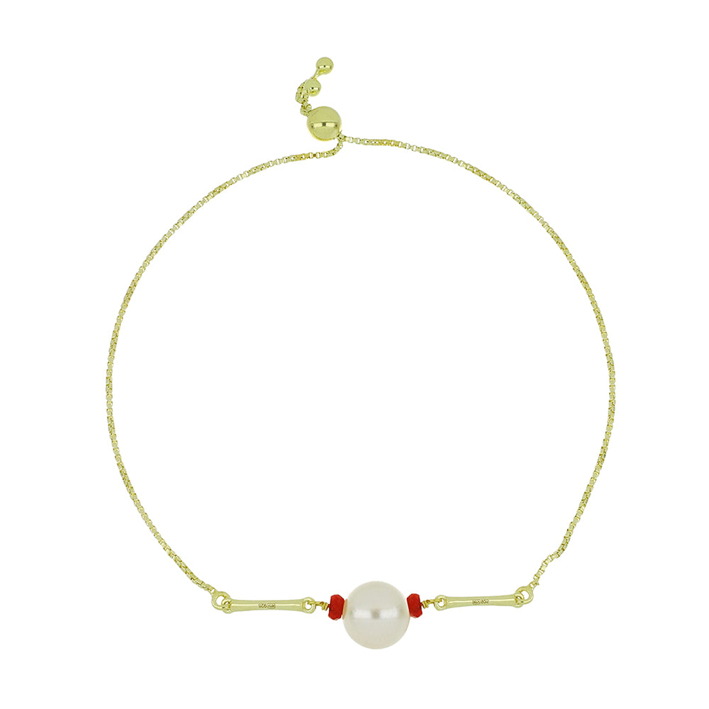 Pozlacené Stříbro 925/1000 - Náramek s Bílou Sladkovodní Perlou a Madagaskarským Rubínem - Karátové číslo: 7.24. přibližná hmotnost: 4 gramů 1 