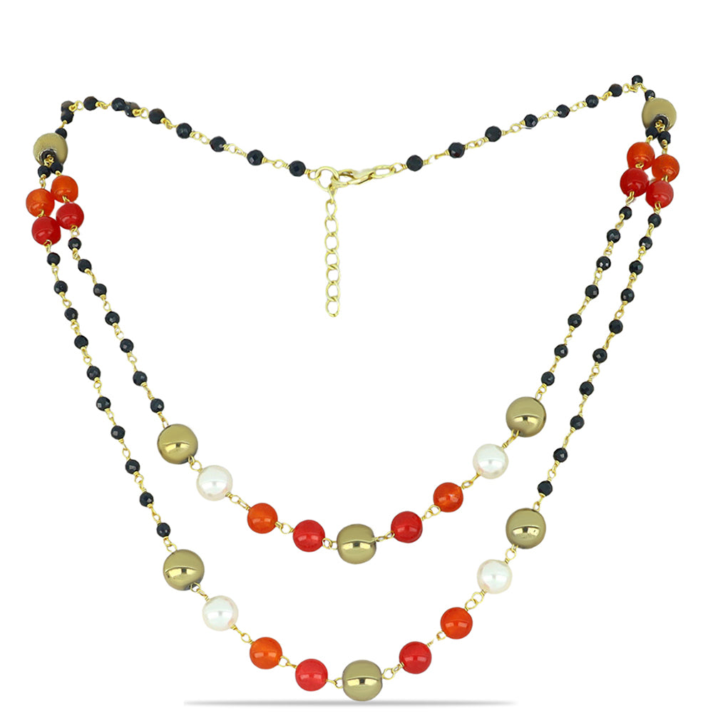 Pozlacené Stříbro 925/1000 - Náhrdelník s Obsidiánem a Bílou Sladkovodní Perlou - Karátové číslo: 94.75. přibližná hmotnost: 22.65 gramů 1 