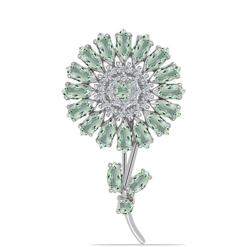 Stříbrný Brož se Zeleným Ametystem a Bílým Topazem