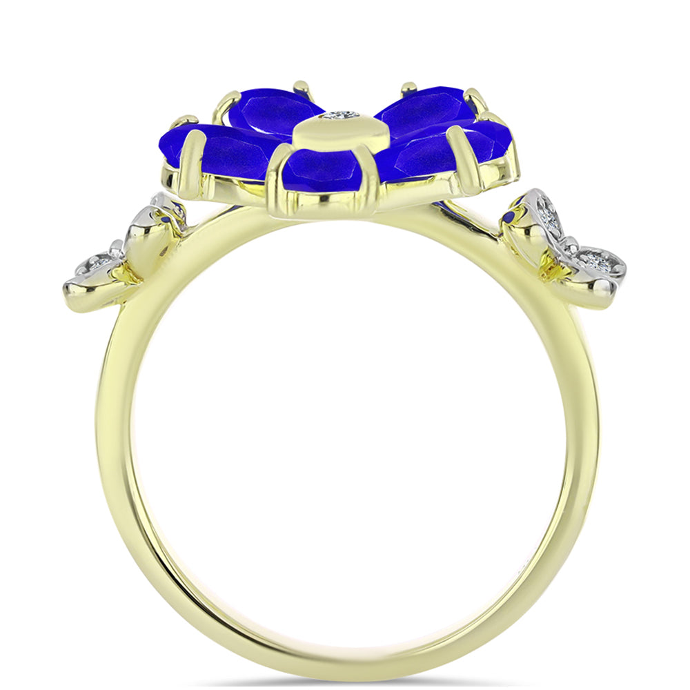 Pozlacené Stříbro 925/1000 - Prsten s Modrým Achátem a Bílým Topazem - Karátové číslo: 2.21. přibližná hmotnost: 3.57 gramů