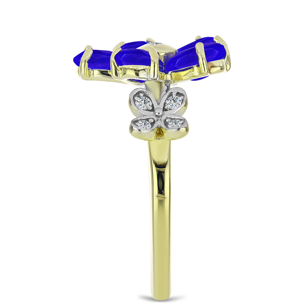 Pozlacené Stříbro 925/1000 - Prsten s Modrým Achátem a Bílým Topazem - Karátové číslo: 2.21. přibližná hmotnost: 3.57 gramů 4 