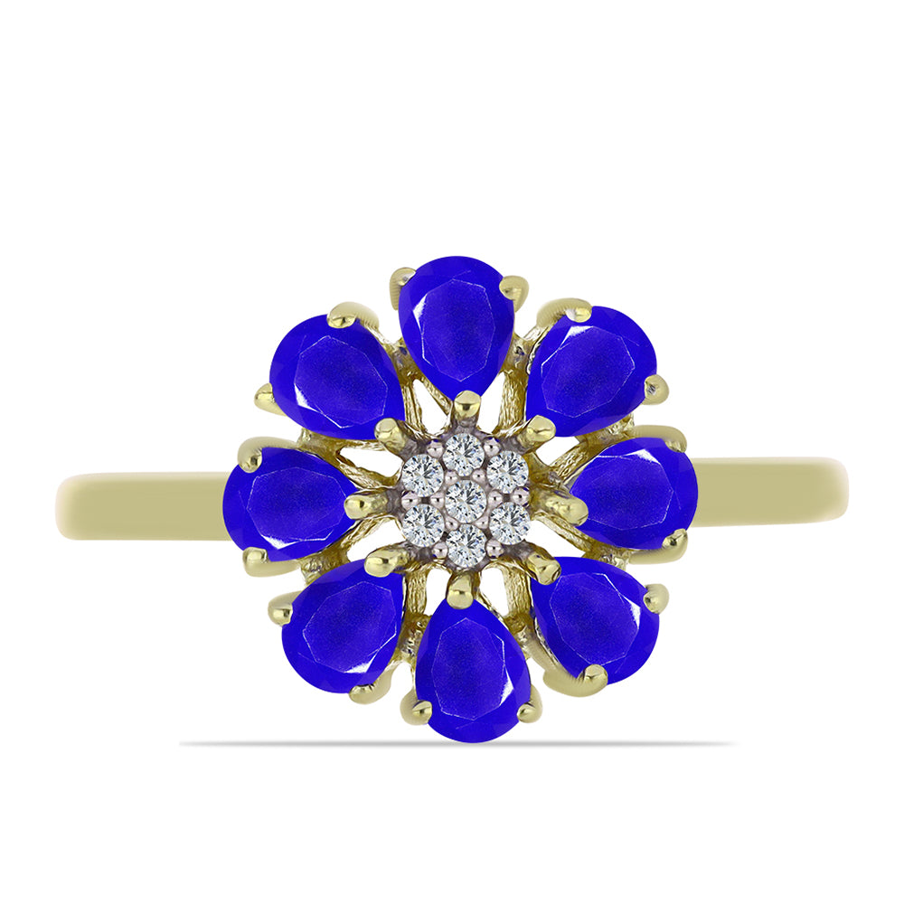 Pozlacené Stříbro 925/1000 - Prsten s Modrým Achátem a Bílým Topazem - Karátové číslo: 1.21. přibližná hmotnost: 2.84 gramů