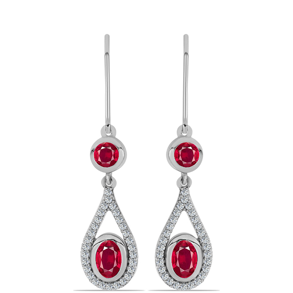 Stříbro 925/1000 - Náušnice s Madagaskarským Rubínem a Bílým Topazem - Karátové číslo: 2.46. přibližná hmotnost: 4.54 gramů