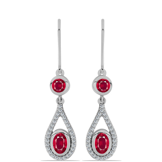 Stříbro 925/1000 - Náušnice s Madagaskarským Rubínem a Bílým Topazem - Karátové číslo: 2.46. přibližná hmotnost: 4.54 gramů