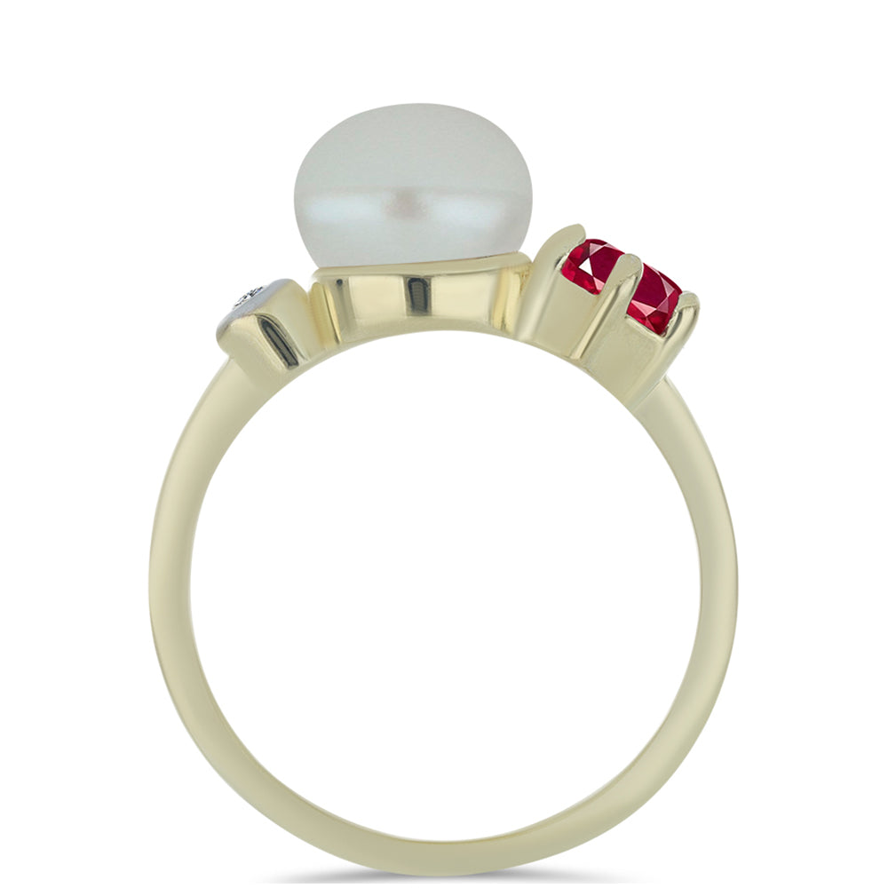 Pozlacené Stříbro 925/1000 - Prsten s Bílou Sladkovodní Perlou a Madagaskarským Rubínem - Karátové číslo: 4.01. přibližná hmotnost: 3.43 gramů 2 