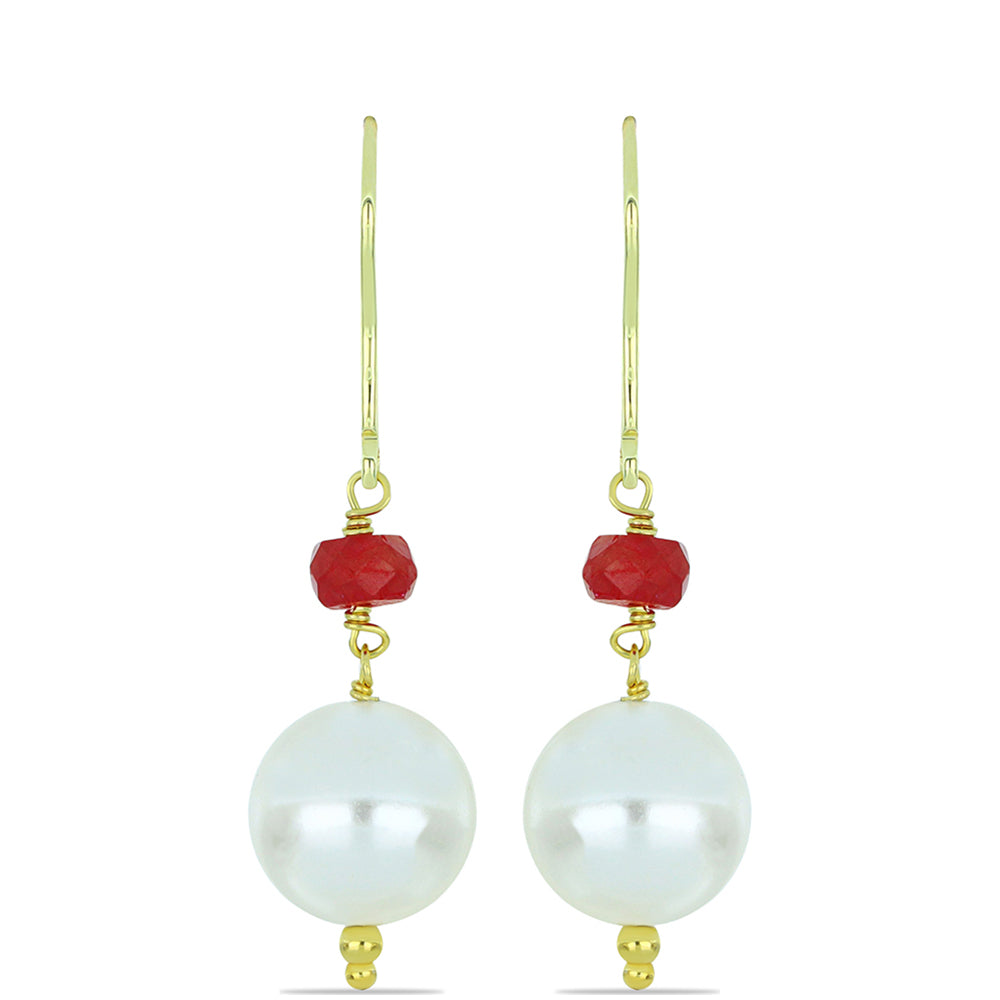 Pozlacené Stříbro 925/1000 - Náušnice s Bílou Sladkovodní Perlou a Madagaskarským Rubínem - Karátové číslo: 14.17. přibližná hmotnost: 3.85 gramů 1 