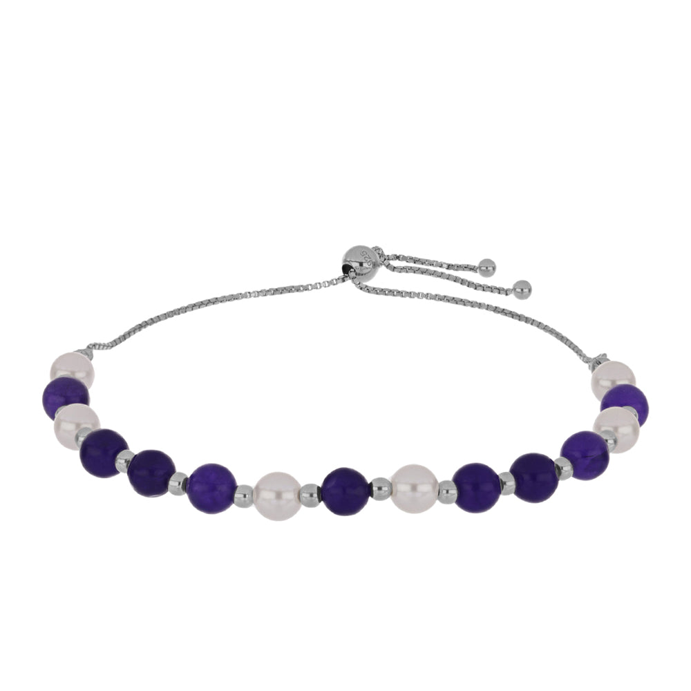 Stříbro 925/1000 - Náramek s Purpurovým Jadeitem a Bílou Sladkovodní Perlou - Karátové číslo: 23.14. přibližná hmotnost: 7.05 gramů 1 