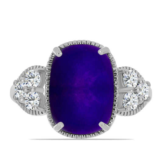 Stříbro 925/1000 Prsten s Purpurovým Jadeitem a Bílým Topazem - Karátové číslo: 7.38. přibližná hmotnost: 4.77 gramů