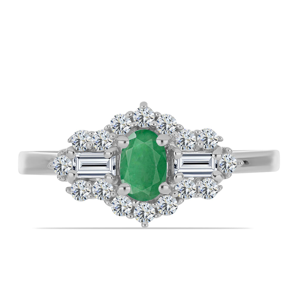 Stříbro 925/1000 - Prsten s Brazilským Smaragdem a Bílým Topazem - Karátové číslo: 1.16. přibližná hmotnost: 2.72 gramů