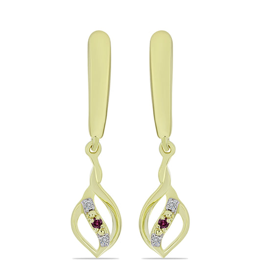 Pozlacené Stříbro 925/1000 - Náušnice s Purpurovým Diamantem a Bílým Diamantem - Karátové číslo: 0.07. přibližná hmotnost: 3.54 gramů