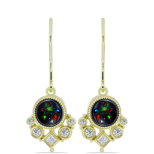 Pozlacené Stříbro 925/1000 - Náušnice s Půlnočně Černým Etiopským Opálem z Lega Dembi a Bílým Topazem - Karátové číslo: 1.47. přibližná hmotnost: 4.15 gramů