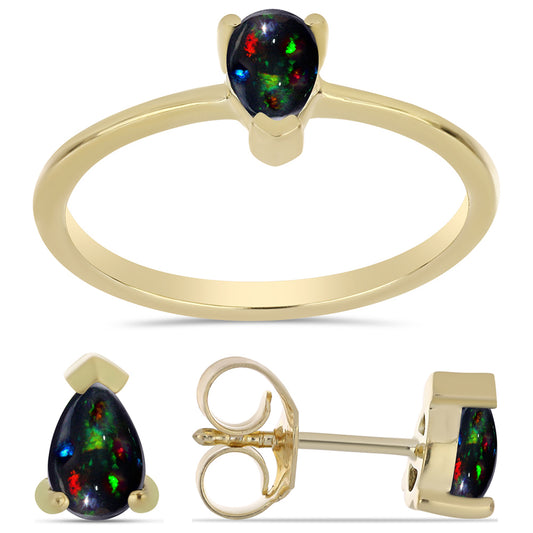 Pozlacená Stříbrná Sada s Půlnočně Černým Etiopským Opálem z Lega Dembi ( Náušnice+Prsten )