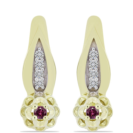Pozlacené Stříbro 925/1000 - Náušnice s Purpurovým Diamantem a Bílým Diamantem - Karátové číslo: 0.13. přibližná hmotnost: 3.44 gramů