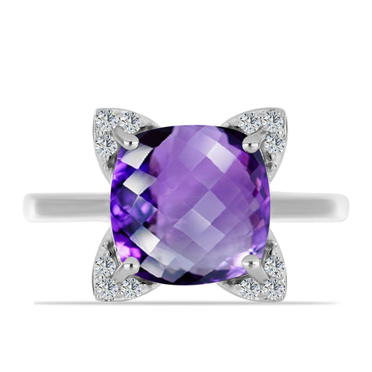 Stříbro 925/1000 Prsten s Marockým Ametystem a Bílým Topazem - Karátové číslo: 3.68. přibližná hmotnost: 3.37 gramů