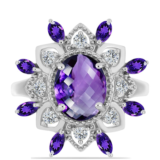 Stříbro 925/1000 Prsten s Marockým Ametystem a Bílým Topazem - Karátové číslo: 3.08. přibližná hmotnost: 5.16 gramů