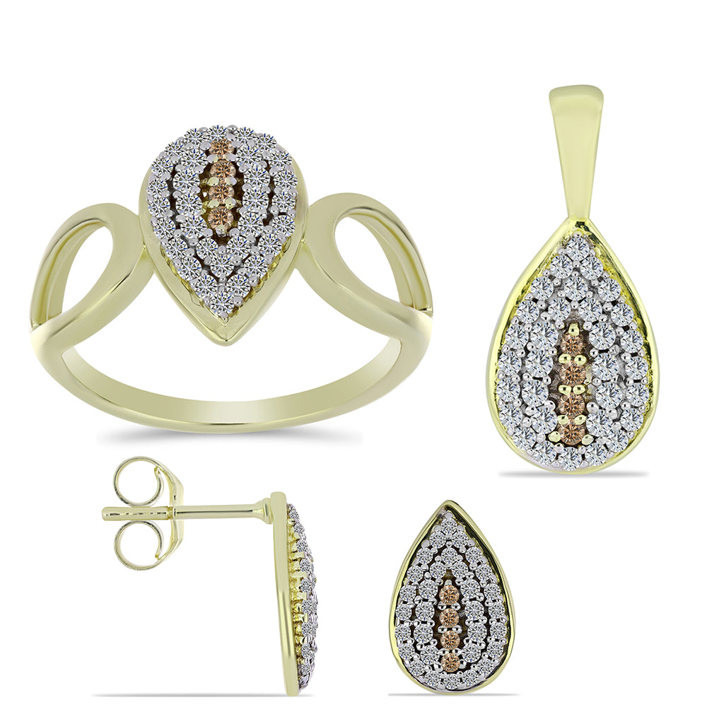 Pozlacené Stříbro 925/1000 - Sada s Champagne Diamantem a Bílým Topazem - Karátové číslo: 1.19. přibližná hmotnost: 5.69 gramů ( Náušnice+Prsten+Přívěsek )