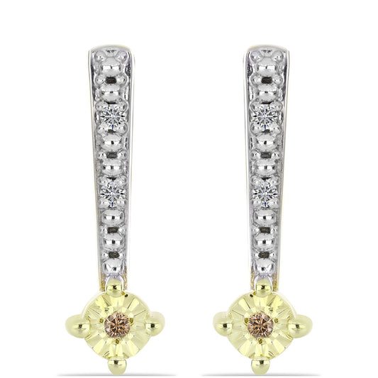 Pozlacené Stříbro 925/1000 - Náušnice s Champagne Diamantem a Bílým Diamantem - Karátové číslo: 0.05. přibližná hmotnost: 2.64 gramů