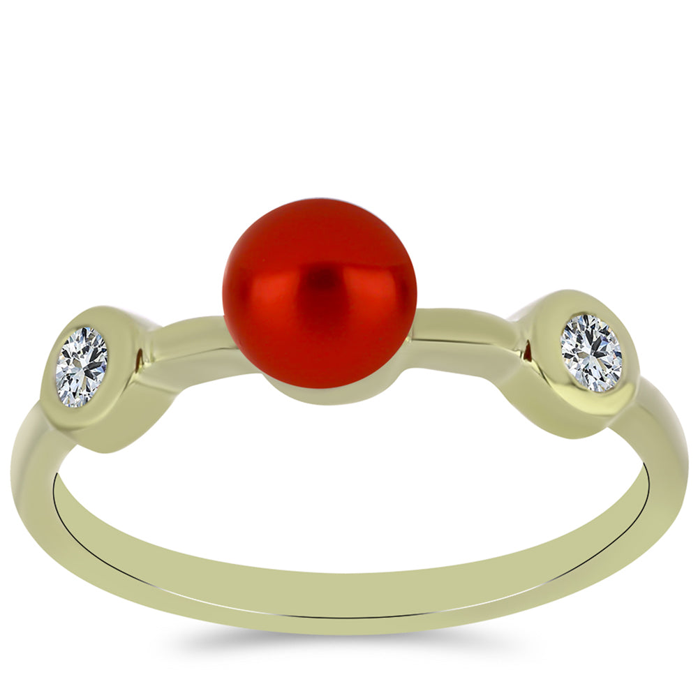 Pozlacené Stříbro 925/1000 - Prsten s Červená sladkovodní Perlou a Bílým Topazem - Karátové číslo: 1.38. přibližná hmotnost: 2.38 gramů 3 