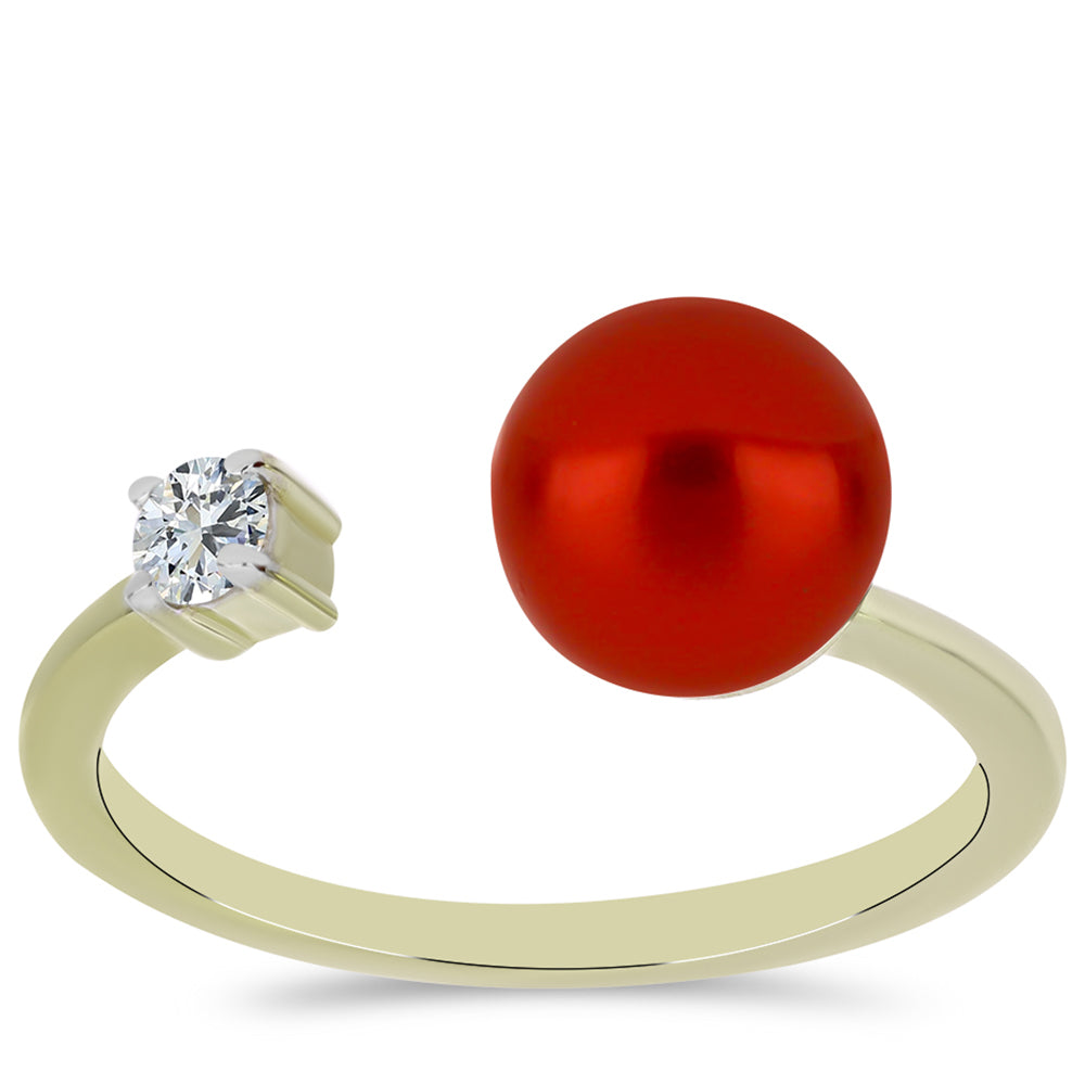 Pozlacené Stříbro 925/1000 - Prsten s Červená sladkovodní Perlou a Bílým Topazem - Karátové číslo: 2.66. přibližná hmotnost: 2.57 gramů