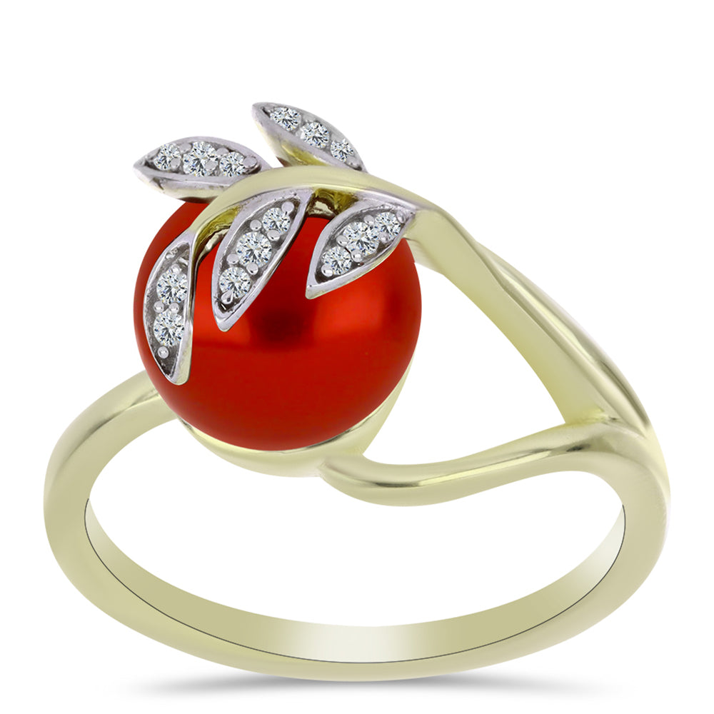 Pozlacené Stříbro 925/1000 - Prsten s Červená sladkovodní Perlou a Bílým Topazem - Karátové číslo: 4.39. přibližná hmotnost: 4.43 gramů