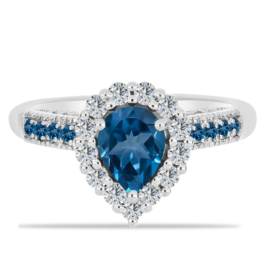 Stříbrný Prsten s Londýnským Modrým Topazem a Bílým Topazem