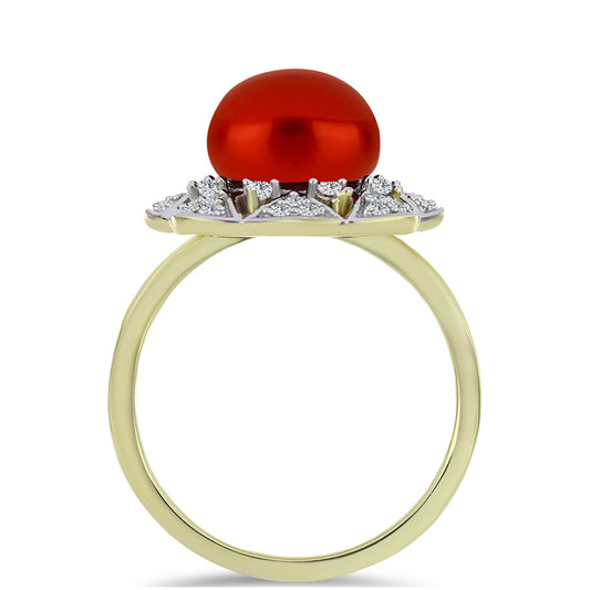 Pozlacené Stříbro 925/1000 - Prsten s Červená sladkovodní Perlou a Bílým Topazem - Karátové číslo: 4.59. přibližná hmotnost: 5.35 gramů