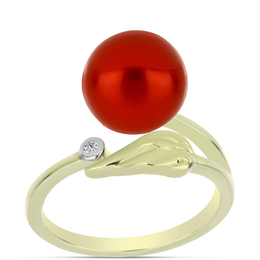 Pozlacené Stříbro 925/1000 - Prsten s Červená sladkovodní Perlou a Bílým Topazem - Karátové číslo: 4.27. přibližná hmotnost: 3.13 gramů 3 