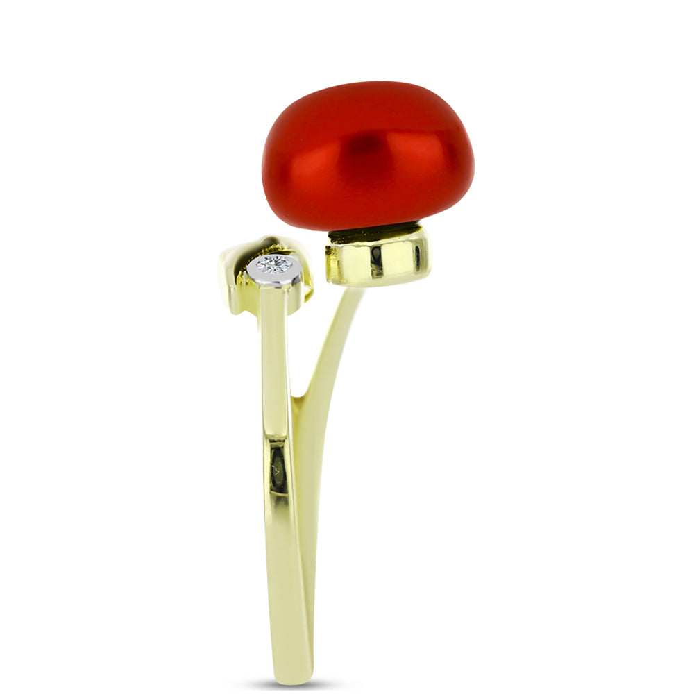 Pozlacené Stříbro 925/1000 - Prsten s Červená sladkovodní Perlou a Bílým Topazem - Karátové číslo: 4.27. přibližná hmotnost: 3.13 gramů 4 
