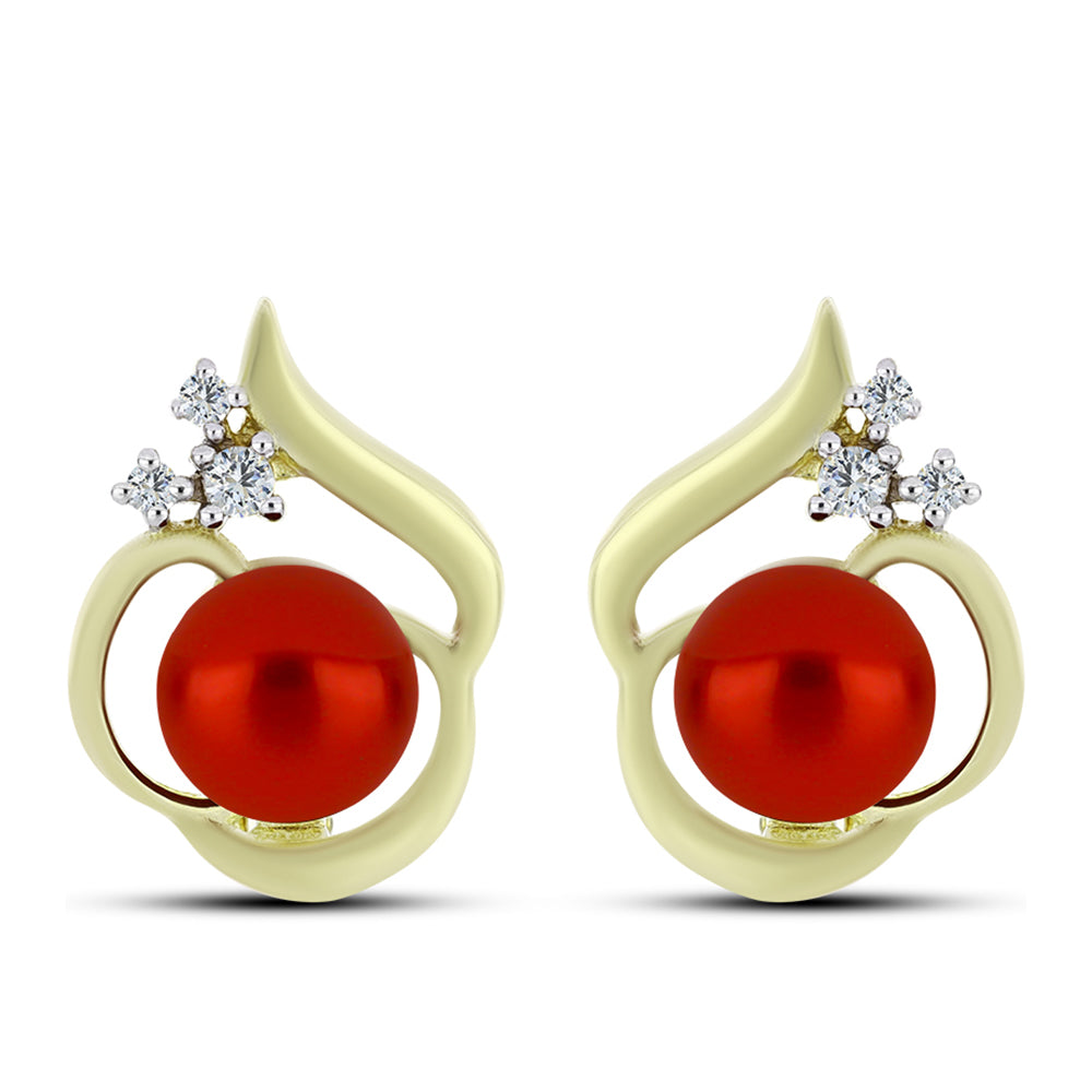 Pozlacené Stříbro 925/1000 - Náušnice s Červená sladkovodní Perlou a Bílým Topazem - Karátové číslo: 4.69. přibližná hmotnost: 5.75 gramů 1 