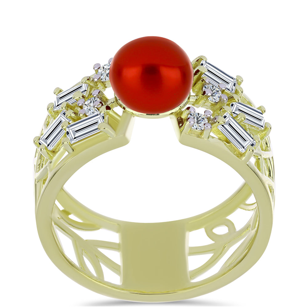 Pozlacené Stříbro 925/1000 - Prsten s Červená sladkovodní Perlou a Bílým Topazem - Karátové číslo: 3.11. přibližná hmotnost: 5.01 gramů 3 