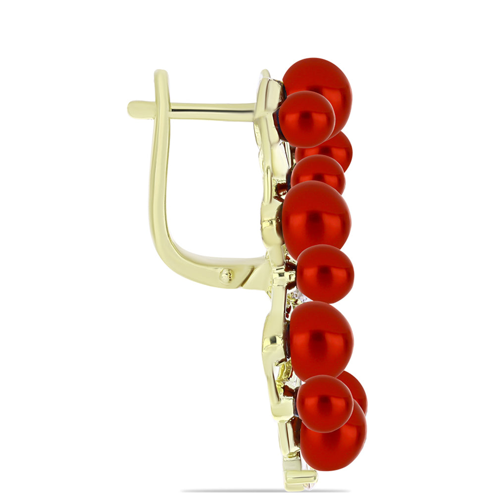 Pozlacené Stříbro 925/1000 - Náušnice s Červená sladkovodní Perlou a Bílým Topazem - Karátové číslo: 19.76. přibližná hmotnost: 12.64 gramů 2 