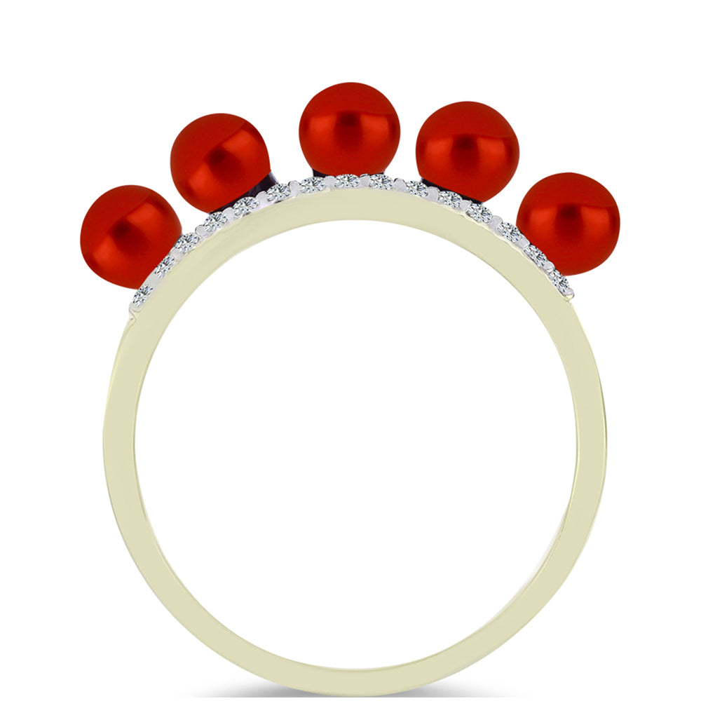 Pozlacené Stříbro 925/1000 - Prsten s Červená sladkovodní Perlou a Bílým Topazem - Karátové číslo: 2.22. přibližná hmotnost: 2.65 gramů