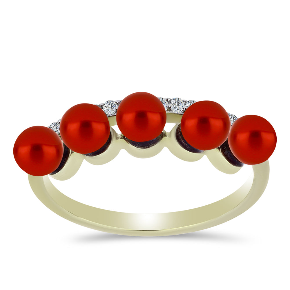 Pozlacené Stříbro 925/1000 - Prsten s Červená sladkovodní Perlou a Bílým Topazem - Karátové číslo: 2.22. přibližná hmotnost: 2.65 gramů 1 