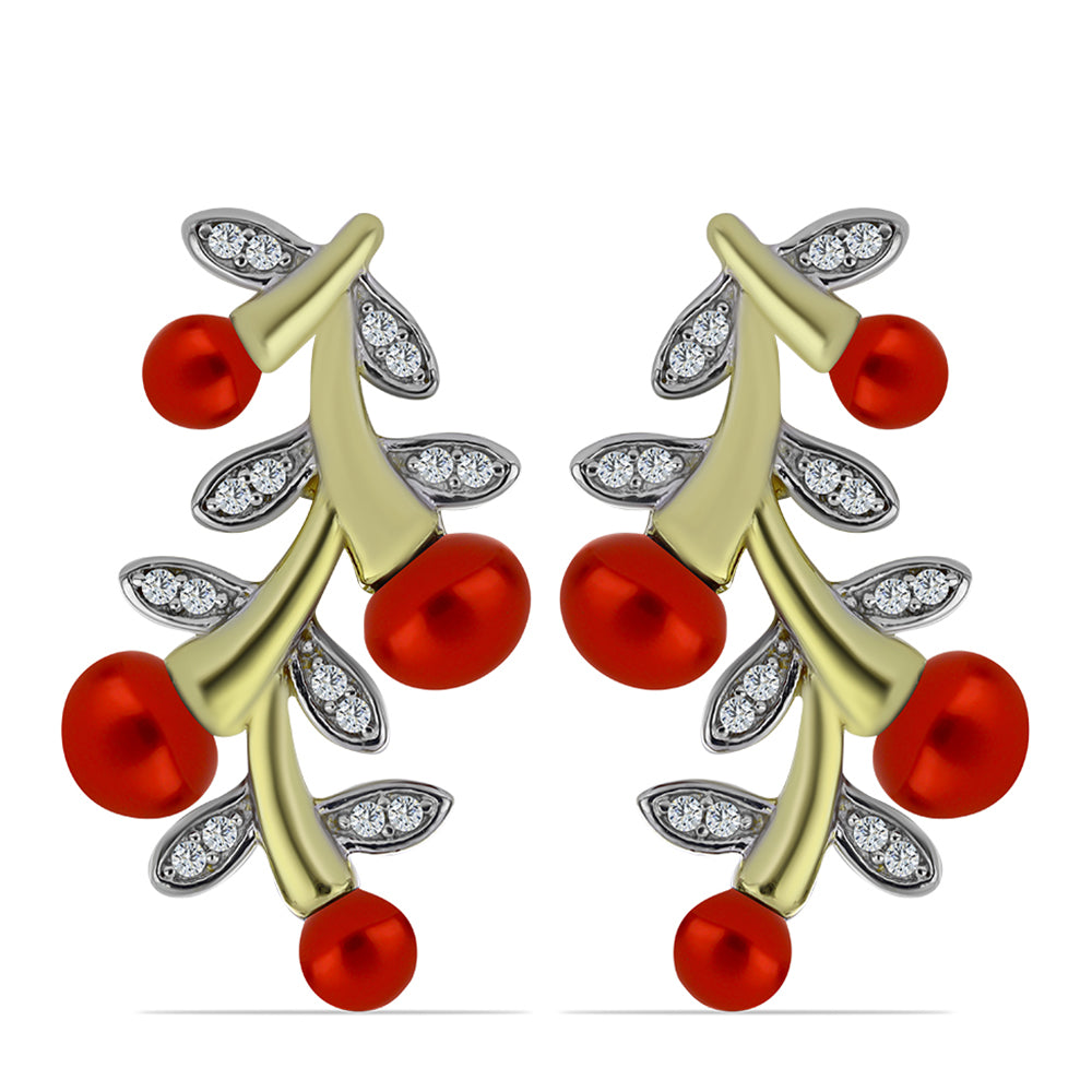 Pozlacené Stříbrné Náušnice s Červená sladkovodní Perlou a Bílým Topazem 1 