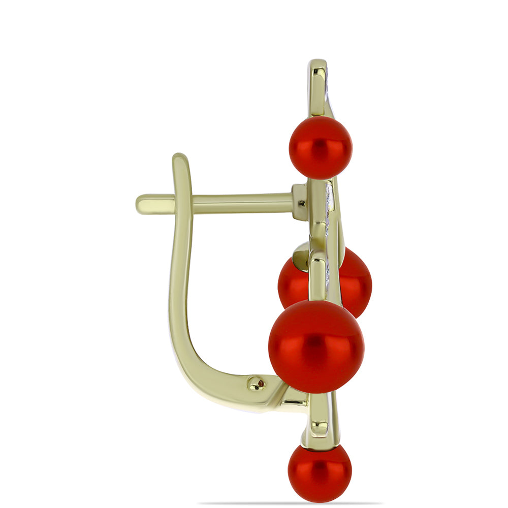 Pozlacené Stříbrné Náušnice s Červená sladkovodní Perlou a Bílým Topazem 2 