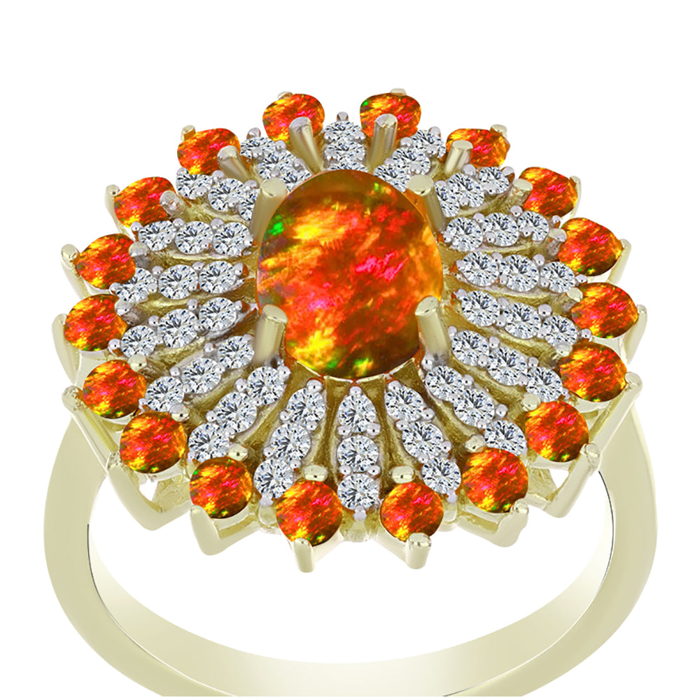 Pozlacené Stříbro 925/1000 - Prsten s Americkým Ohnivým Opálem a Bílým Topazem - Karátové číslo: 1.81. přibližná hmotnost: 4.5 gramů