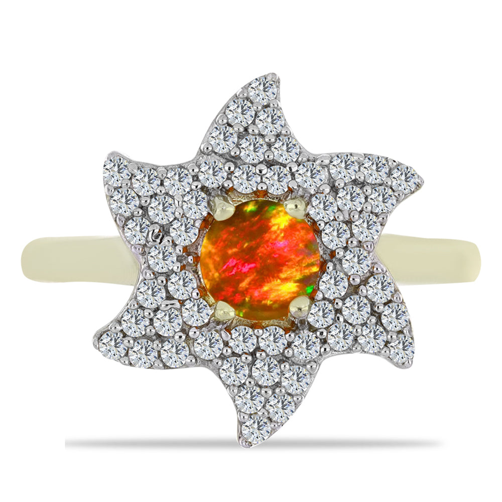 Pozlacené Stříbro 925/1000 - Prsten s Americkým Ohnivým Opálem a Bílým Topazem - Karátové číslo: 0.81. přibližná hmotnost: 3.36 gramů