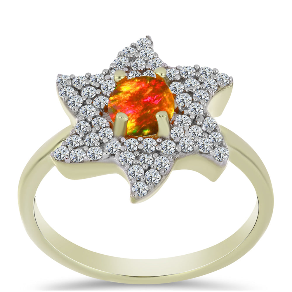 Pozlacené Stříbro 925/1000 - Prsten s Americkým Ohnivým Opálem a Bílým Topazem - Karátové číslo: 0.81. přibližná hmotnost: 3.36 gramů