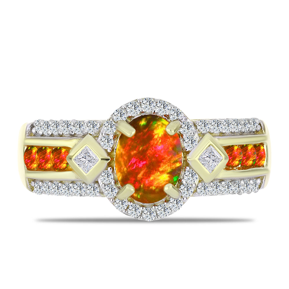 Pozlacené Stříbro 925/1000 - Prsten s Americkým Ohnivým Opálem a Bílým Topazem - Karátové číslo: 1.46. přibližná hmotnost: 5.32 gramů