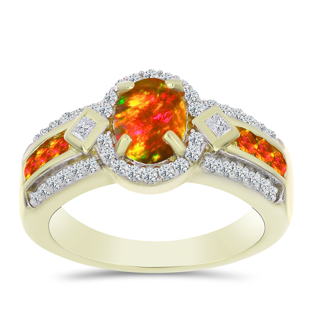 Pozlacené Stříbro 925/1000 - Prsten s Americkým Ohnivým Opálem a Bílým Topazem - Karátové číslo: 1.46. přibližná hmotnost: 5.32 gramů