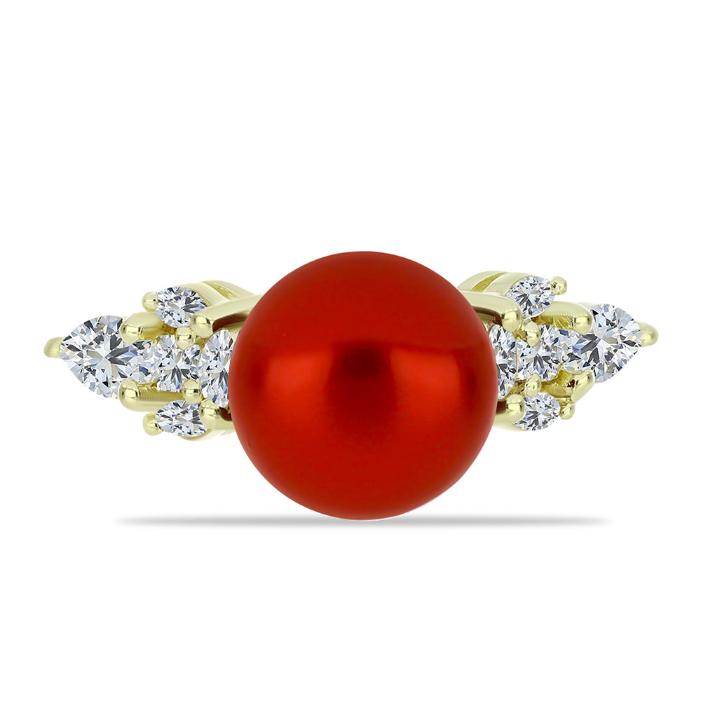 Pozlacené Stříbro 925/1000 - Prsten s Červená sladkovodní Perlou a Bílým Topazem - Karátové číslo: 5.02. přibližná hmotnost: 3.76 gramů