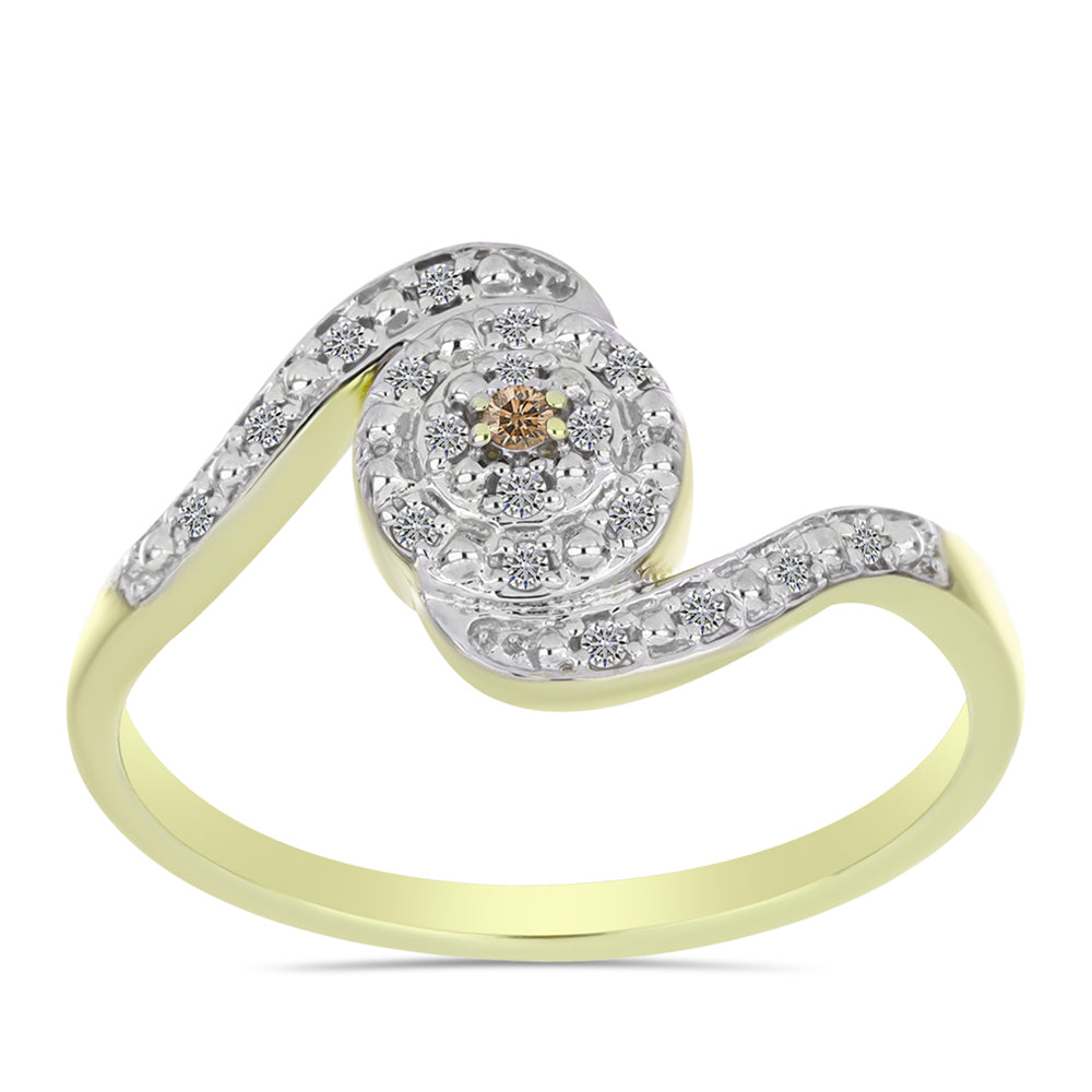 Pozlacené Stříbro 925/1000 - Prsten s Champagne Diamantem a Bílým Diamantem - Karátové číslo: 0.11. přibližná hmotnost: 2.36 gramů 3 