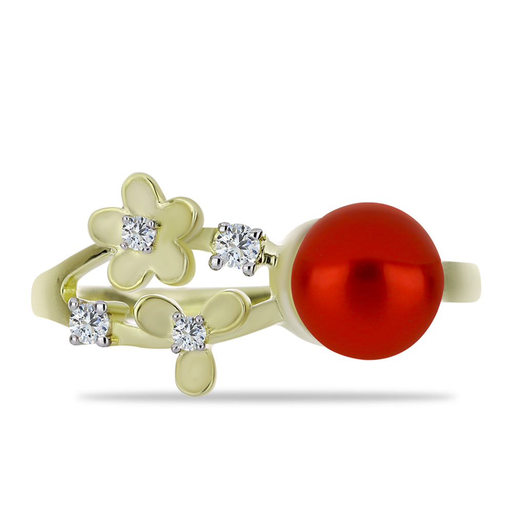 Pozlacené Stříbro 925/1000 - Prsten s Červená sladkovodní Perlou a Bílým Topazem - Karátové číslo: 2.38. přibližná hmotnost: 3.09 gramů 1 